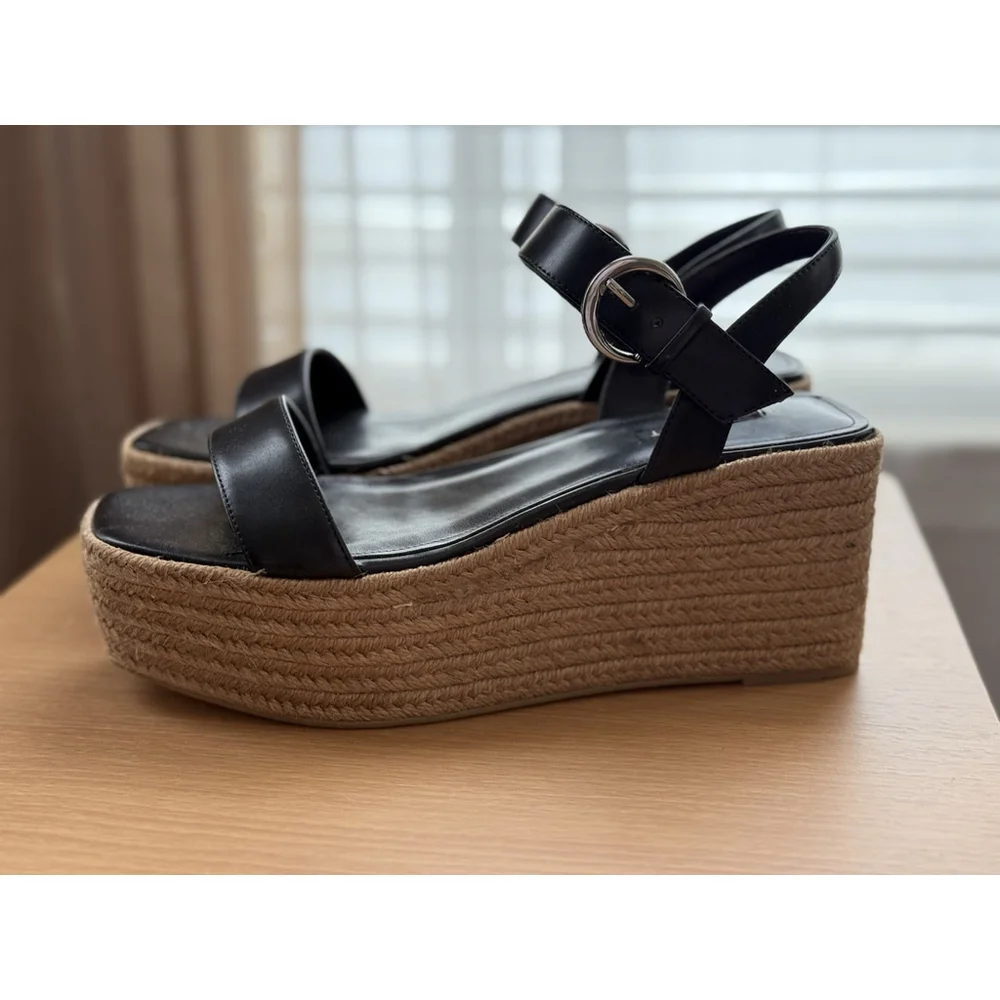 Nine West Women Classic Chunky Strap Dark Espadrille Platform Sandal BLACK 10 M